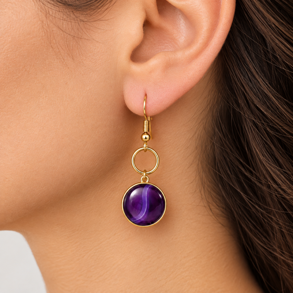 Boucles d’oreilles Cabochon agate prune/mauve, bijou fait main en Isère