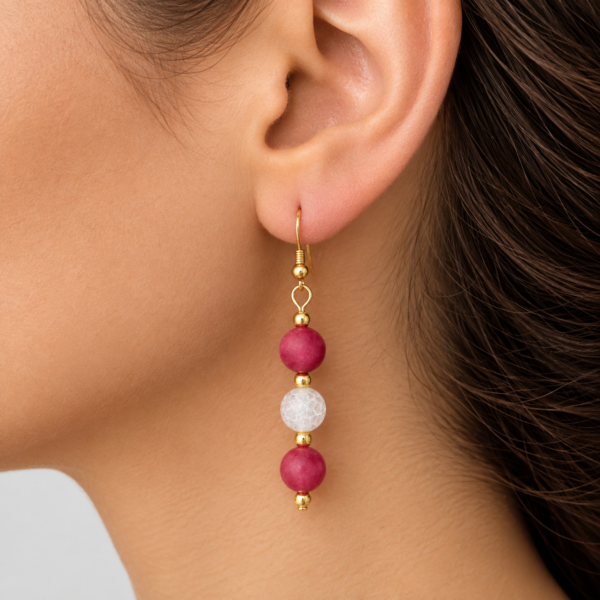 Boucles d'oreilles 3 perles rouge/blanc