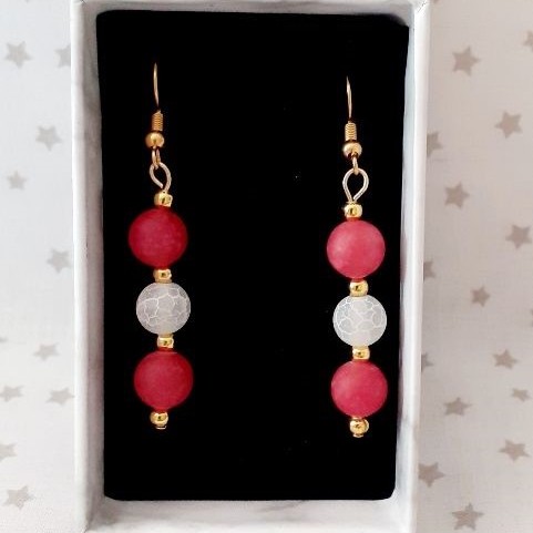 Boucles d'oreilles 3 perles rouge/blanc