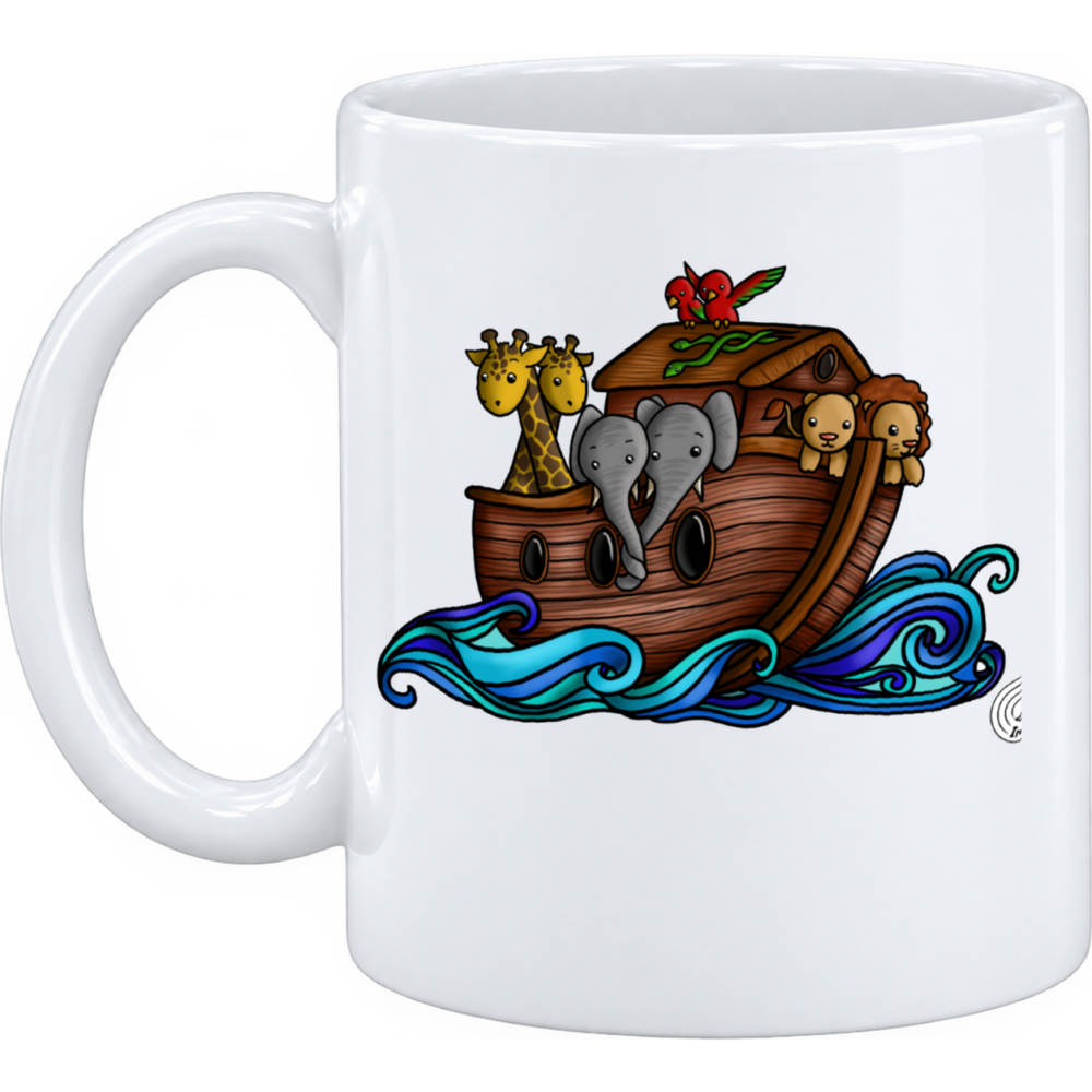 Mug Arche de Noé : l'arche avance sur des vagues turquoise dessinées en volutes, sur un mug en céramique blanche