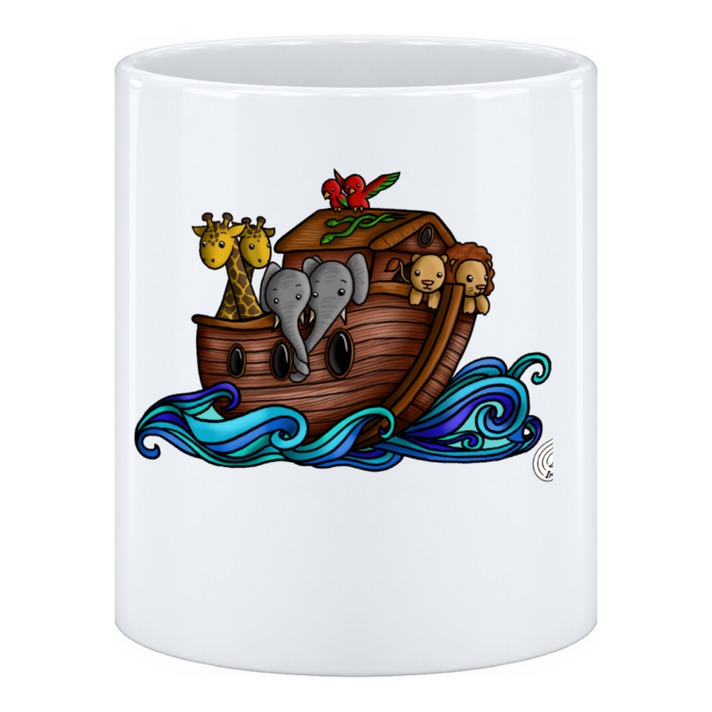 Mug Arche de Noé : l'arche avance sur des vagues turquoise dessinées en volutes, la coque, en pot à crayons