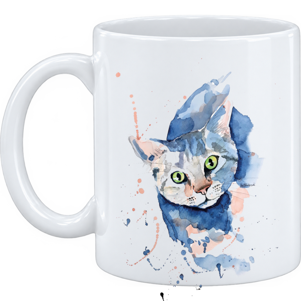 Mug Chat bleu : une tête de chat surgit d'une flaque d'aquarelle bleue, sur un mug en céramique blanche