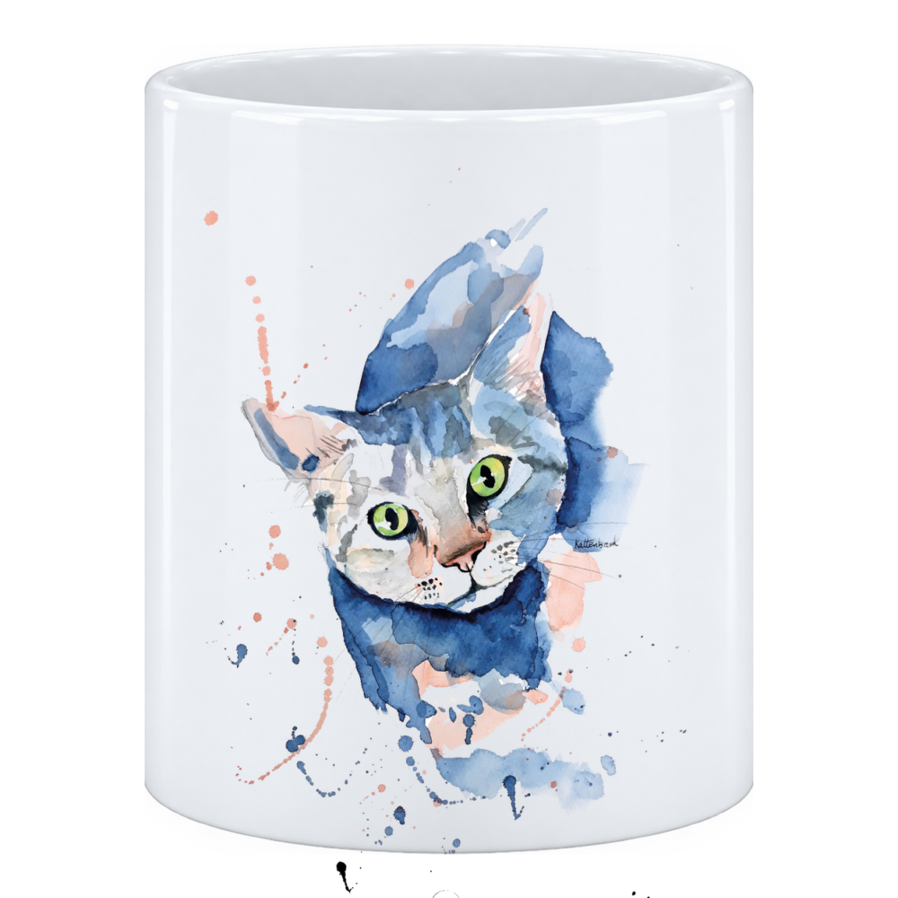 Mug Chat bleu : une tête de chat surgit d'une flaque d'aquarelle bleue, entourée de projections corail, en pot à crayons