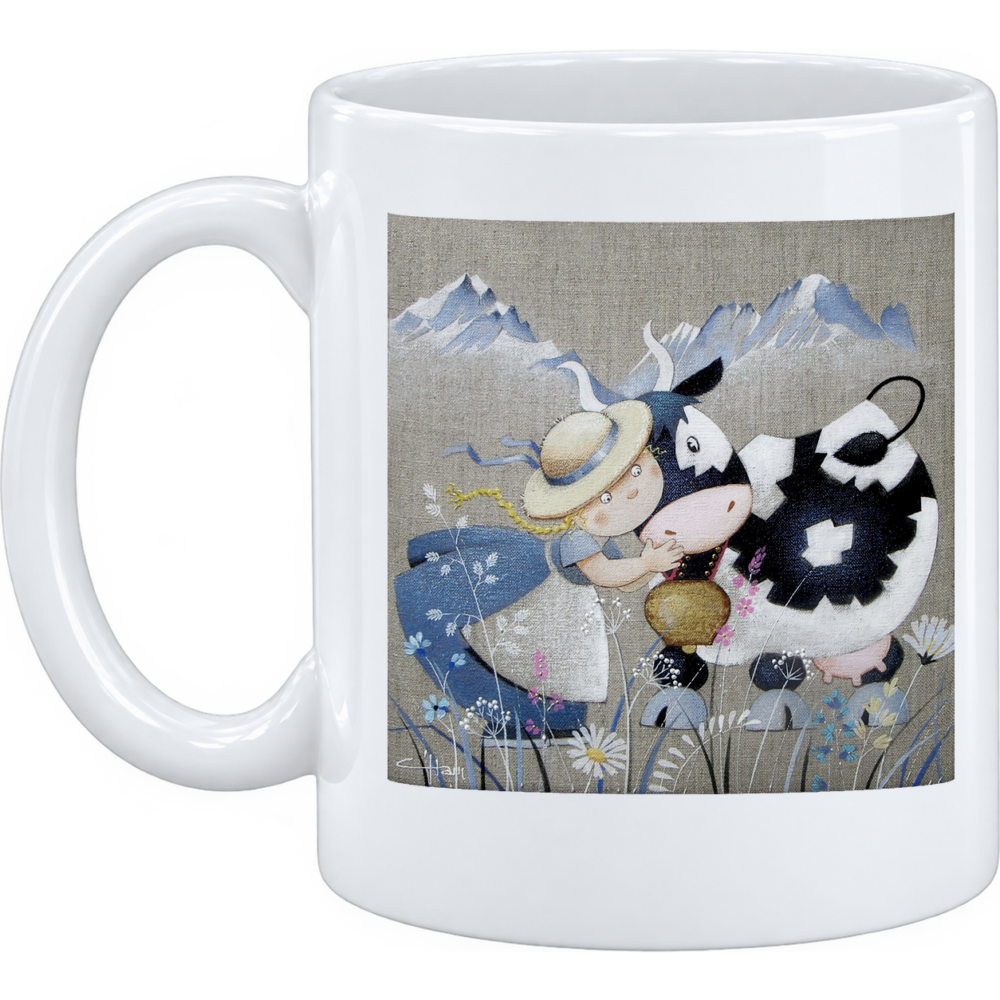 Mug Fillette et vache : chapeau de paille, robe bleue, sur un mug en céramique blanche
