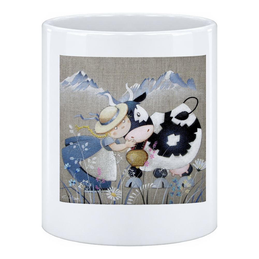 Mug Fillette et vache : chapeau de paille, robe bleue, en pot à crayons