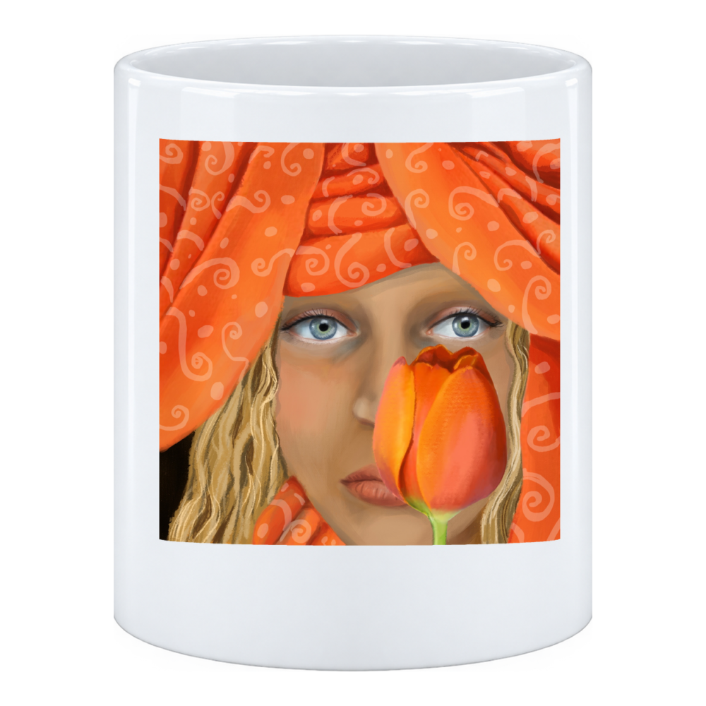 Mug Jeune fille à la tulipe : une jeune femme blonde aux yeux très clairs, en pot à crayons