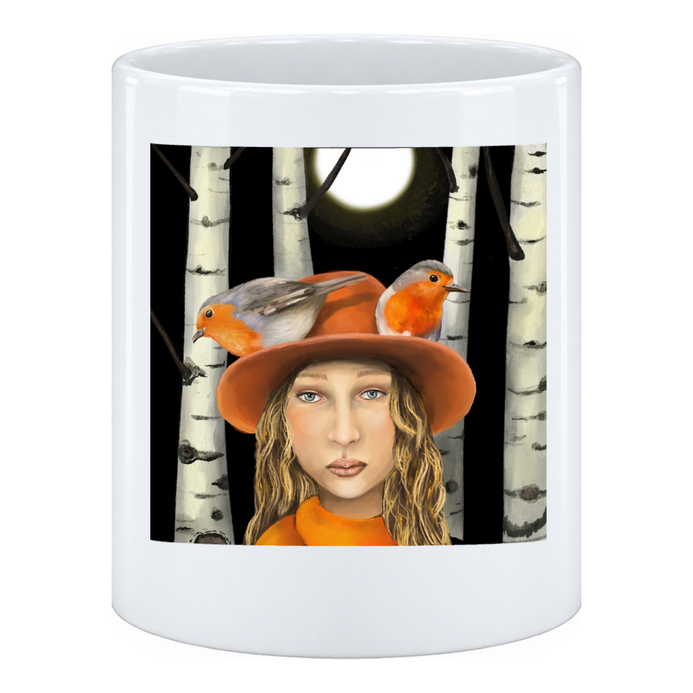 Mug Jeune fille au chapeau : chapeau orange et manteau assorti, en pot à crayons