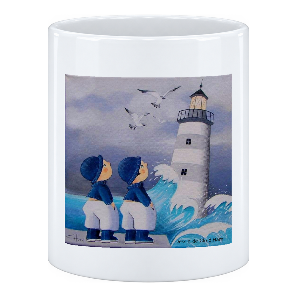Mug Le Phare : deux petits marins regardent le phare tandis que la vague se casse au pied de la tour, en pot à crayons
