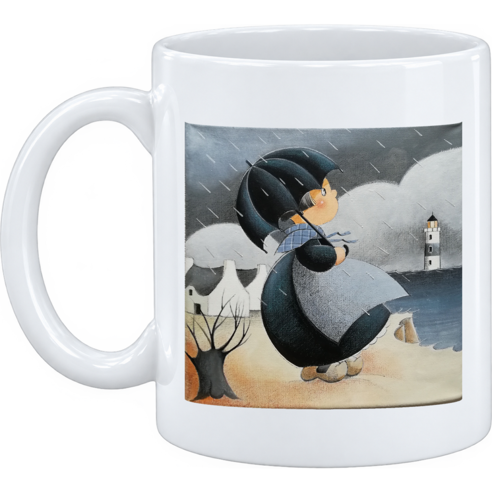 Mug Léger crachin : parapluie noir ouvert, robe blanche, elle marche sous le crachin, sur un mug en céramique blanche