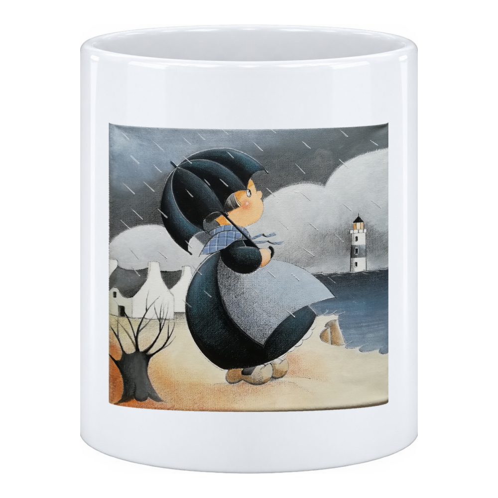 Mug Léger crachin : parapluie noir ouvert, robe blanche, elle marche sous le crachin, le phare au loin, en pot à crayons