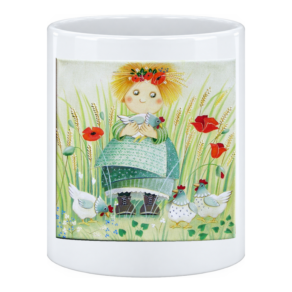 Mug Ma poule : couronne de fleurs sur la tête, elle est assise dans les blés, en pot à crayons