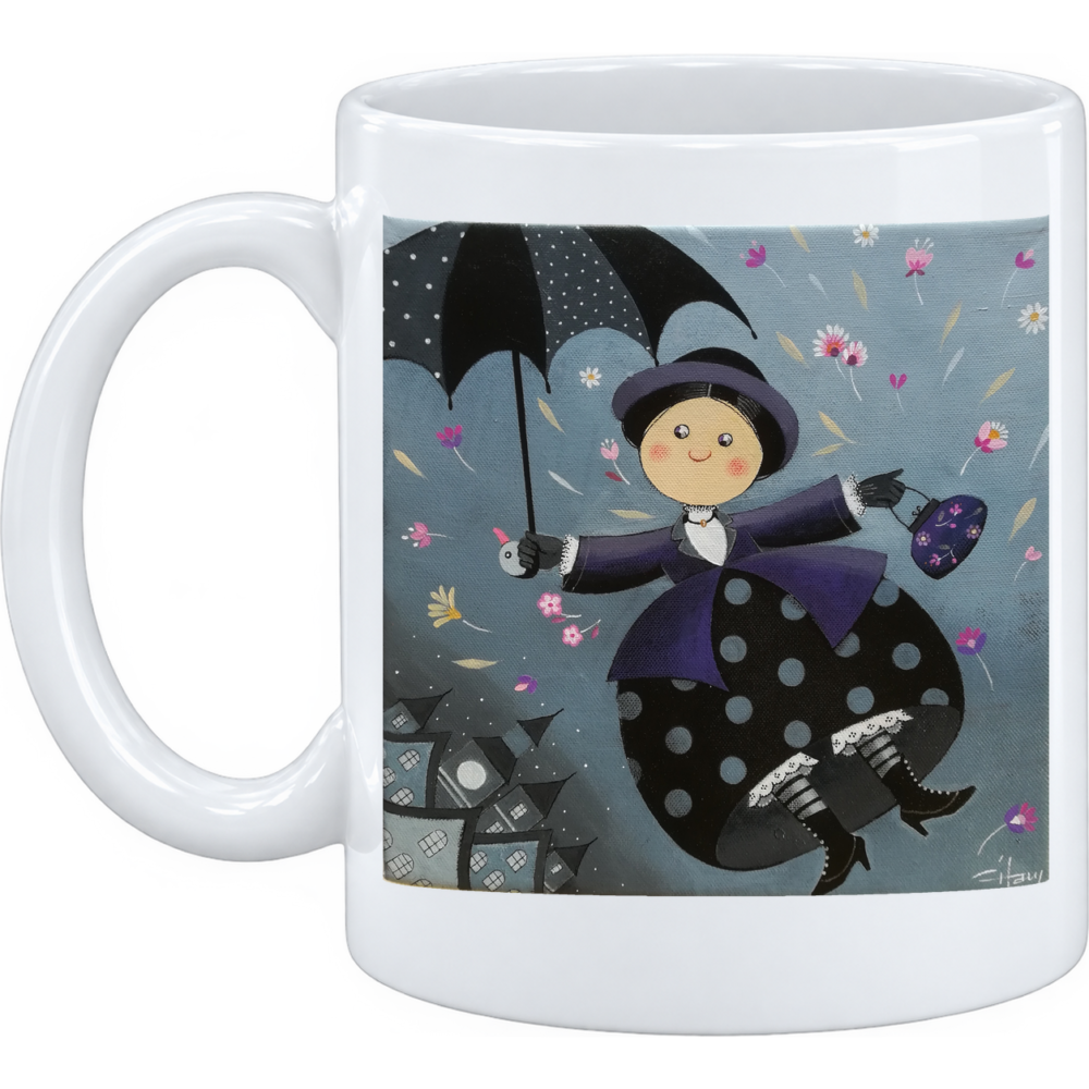 Mug Mary Poppins : robe noire à pois, chapeau bleu, elle s'élève au-dessus des toits, sur un mug en céramique blanche