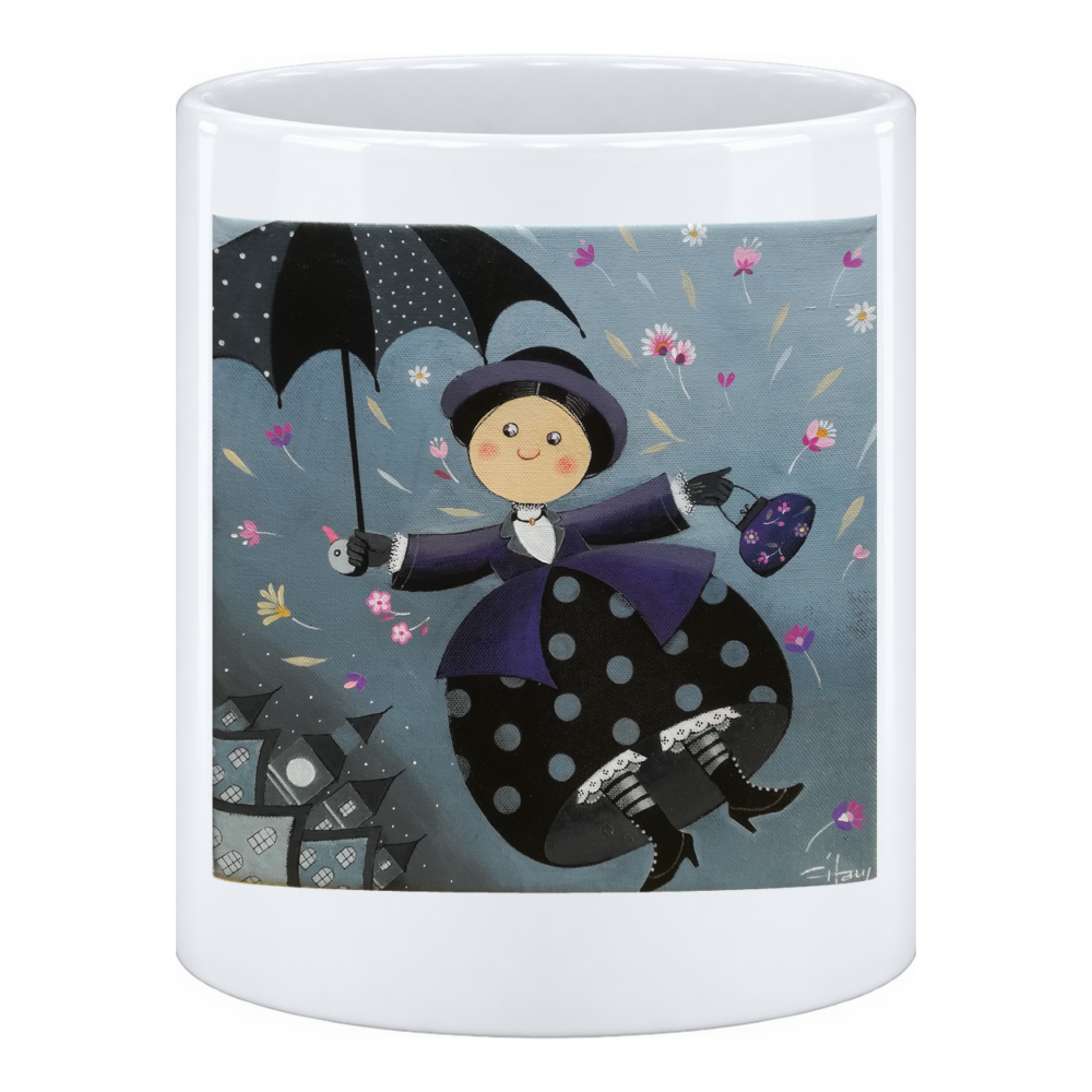 Mug Mary Poppins : robe noire à pois, chapeau bleu, elle s'élève au-dessus des toits, en pot à crayons