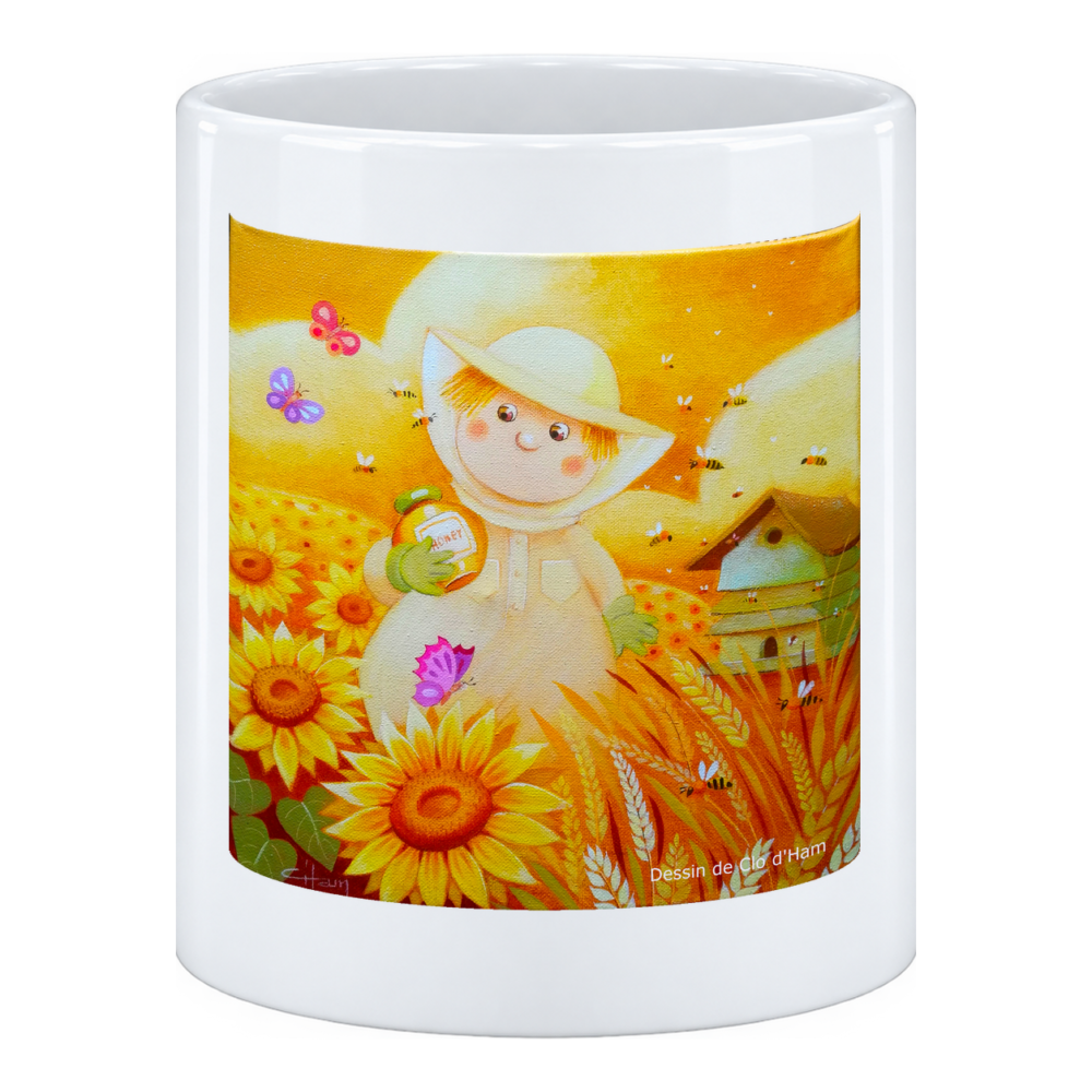 Mug Mister Bee : emmailloté de blanc, il flotte au milieu des tournesols, une abeille à la main, en pot à crayons