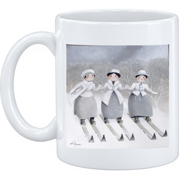Mug et pot à crayons montagne Trois skieuses gris et blanc
