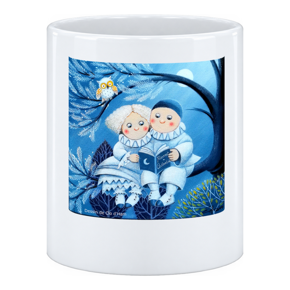Mug Pierrot et Colombine : joue contre joue, dans une nuit bleue traversée de branches, en pot à crayons