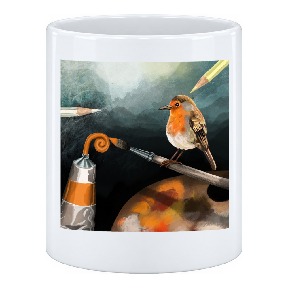 Mug Rouge-gorge artiste : un rouge-gorge s'est posé sur le manche d'un pinceau, en pot à crayons