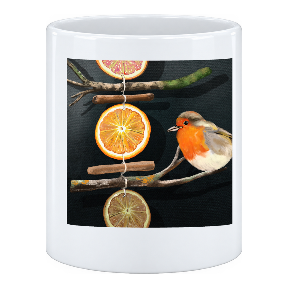 Mug Rouge-gorge et agrumes : perché sur une branche, en pot à crayons