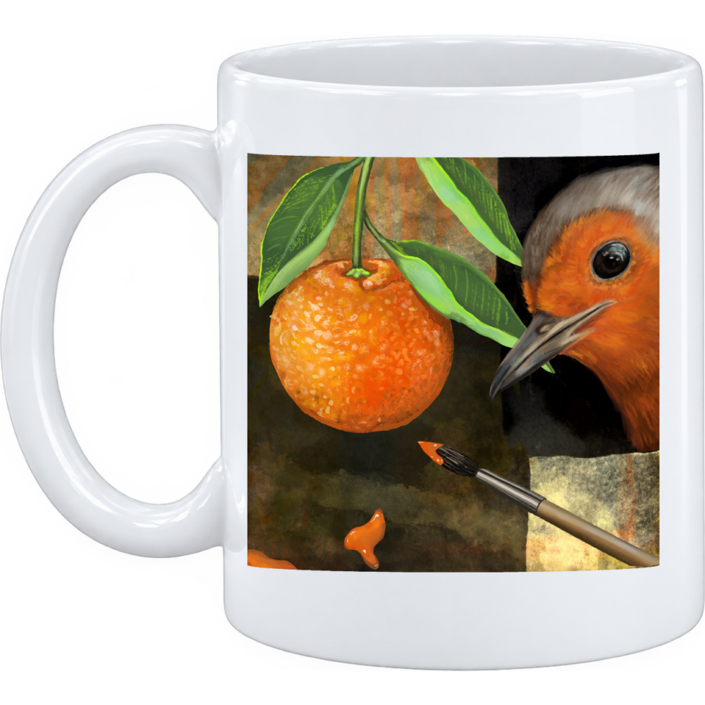 Mug Rouge-gorge et clémentines : le rouge-gorge voisine avec une clémentine et sa feuille, sur un mug en céramique blanche