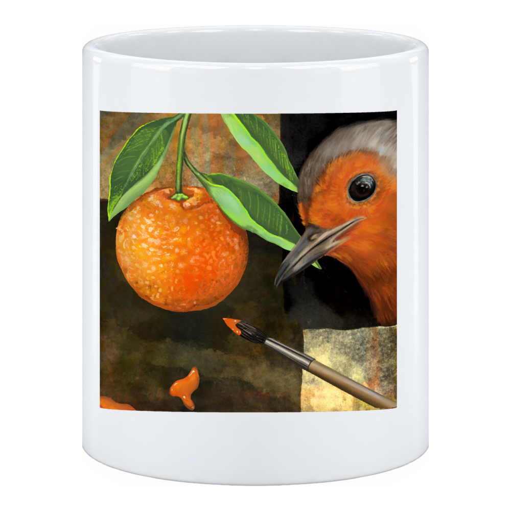 Mug Rouge-gorge et clémentines : le rouge-gorge voisine avec une clémentine et sa feuille, en pot à crayons