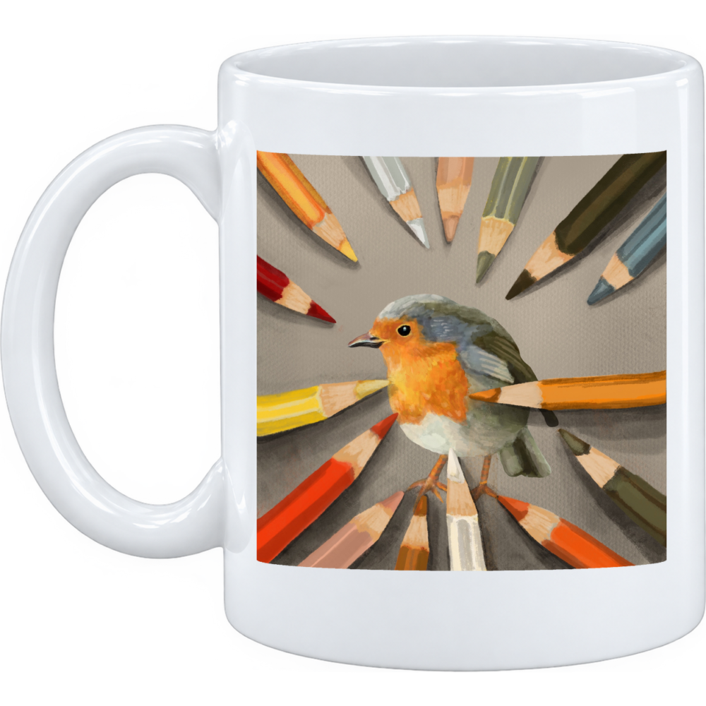 Mug Rouge-gorge et crayons : un rouge-gorge posé au centre d'un cercle de crayons, sur un mug en céramique blanche