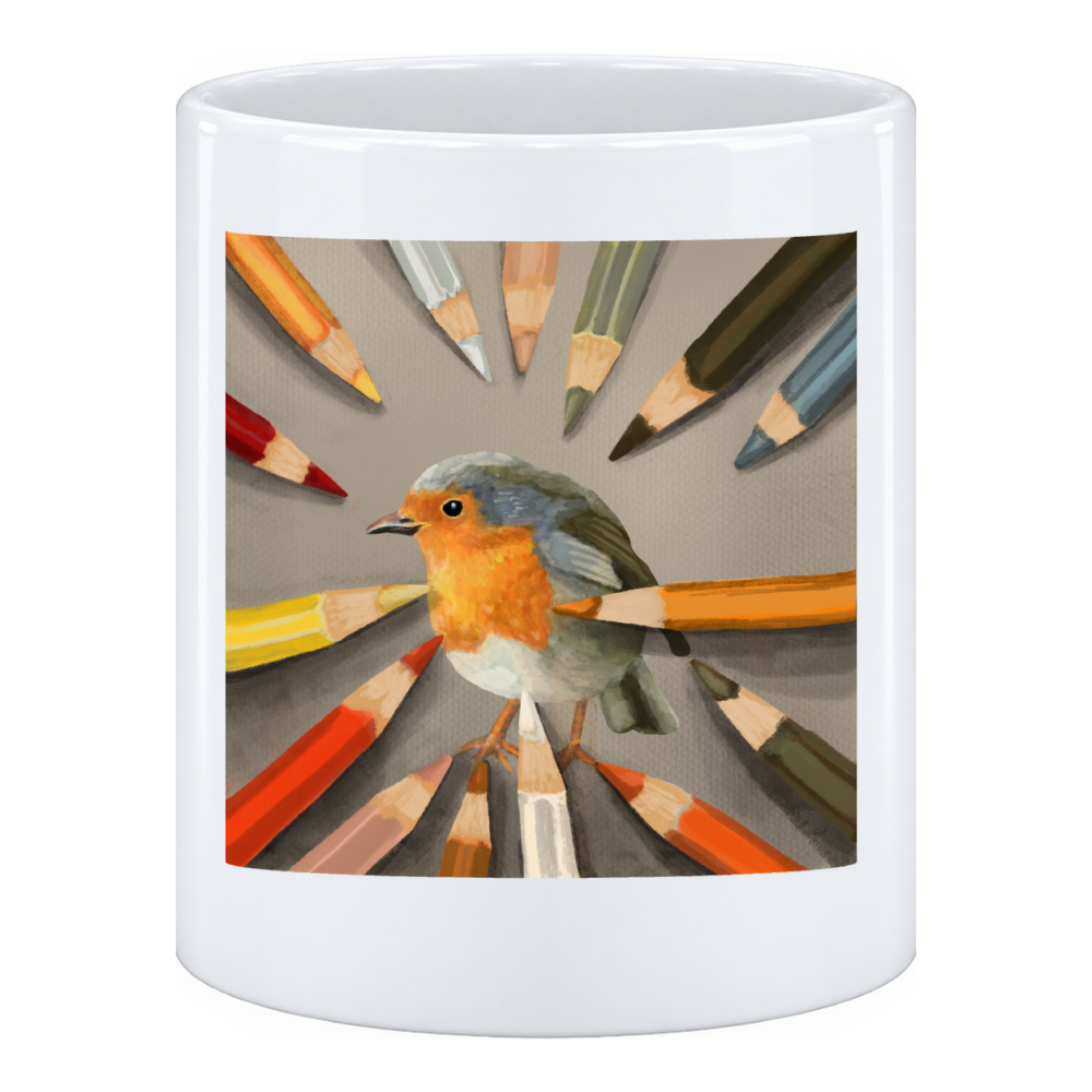 Mug Rouge-gorge et crayons : un rouge-gorge posé au centre d'un cercle de crayons de couleur dont toutes, en pot à crayons