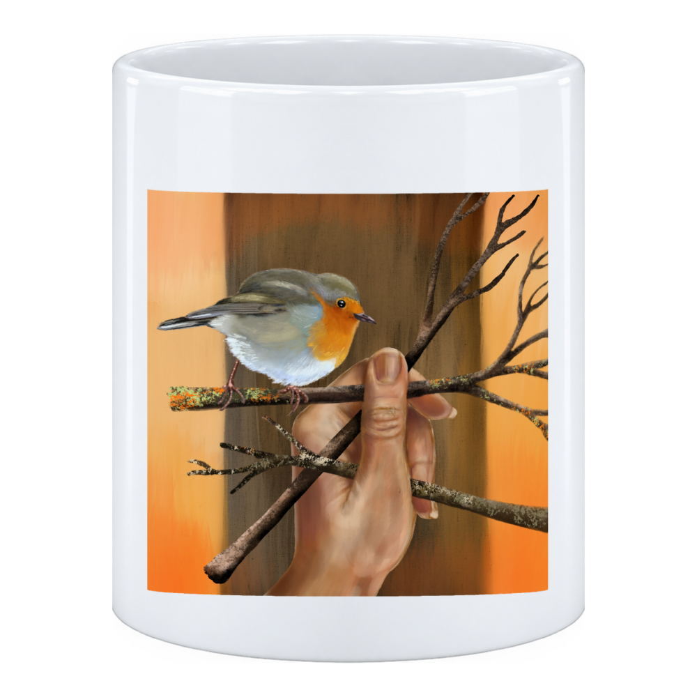 Mug Rouge-gorge sur branche : le rouge-gorge se tient sur une branche nue, détaché sur un fond orange uni, en pot à crayons