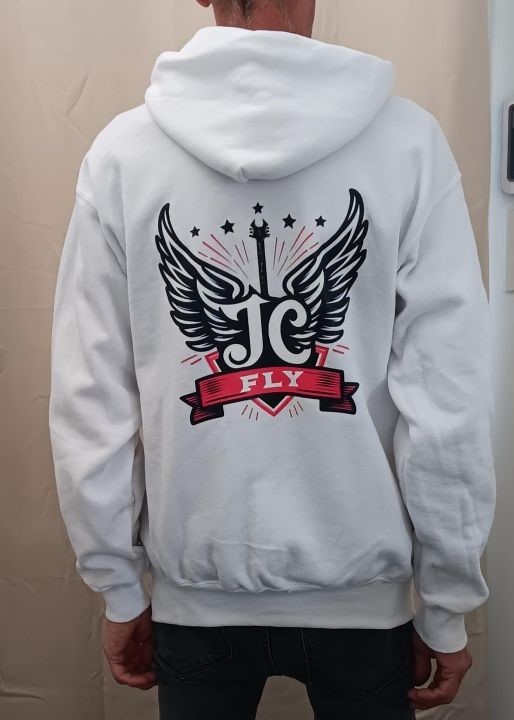 Dos d'un sweat à capuche blanc, grand logo ailé imprimé