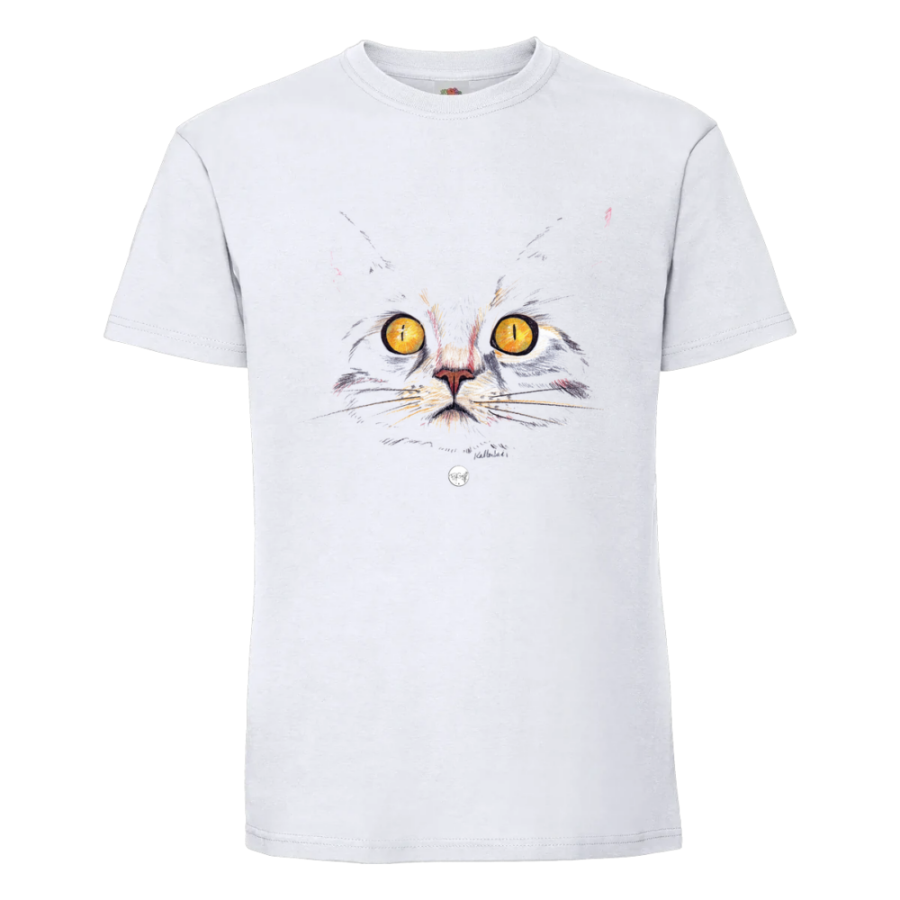 T-shirt Chat aux yeux jaunes : une tête de chat esquissée à l’aquarelle, deux yeux jaunes, sur un t-shirt blanc