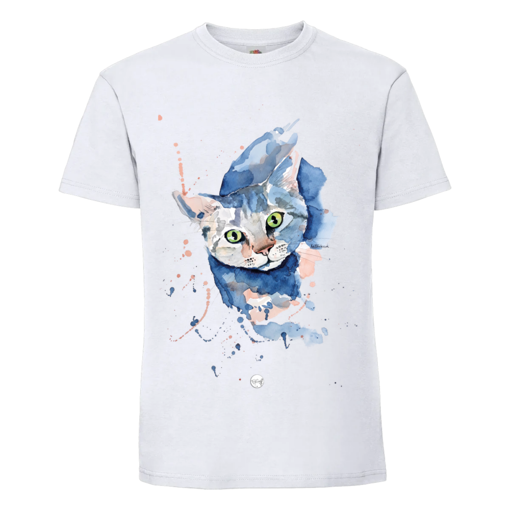 T-shirt Chat bleu : une tête de chat surgit d'une flaque d'aquarelle bleue, sur un t-shirt blanc