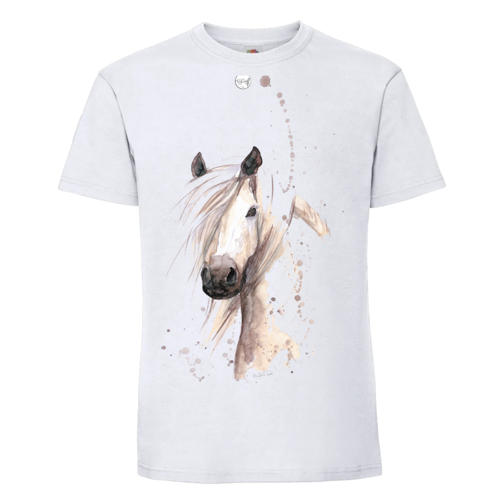 T-shirt Cheval blanc : un cheval clair surgi de quelques lavis gris, esquissé plus que dessiné, sur un t-shirt blanc