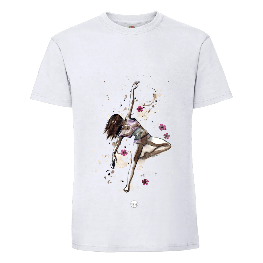 T-shirt Danseuse aux fleurs : le corps arqué, un bras tendu vers le haut, elle tient l'équilibre, sur un t-shirt blanc
