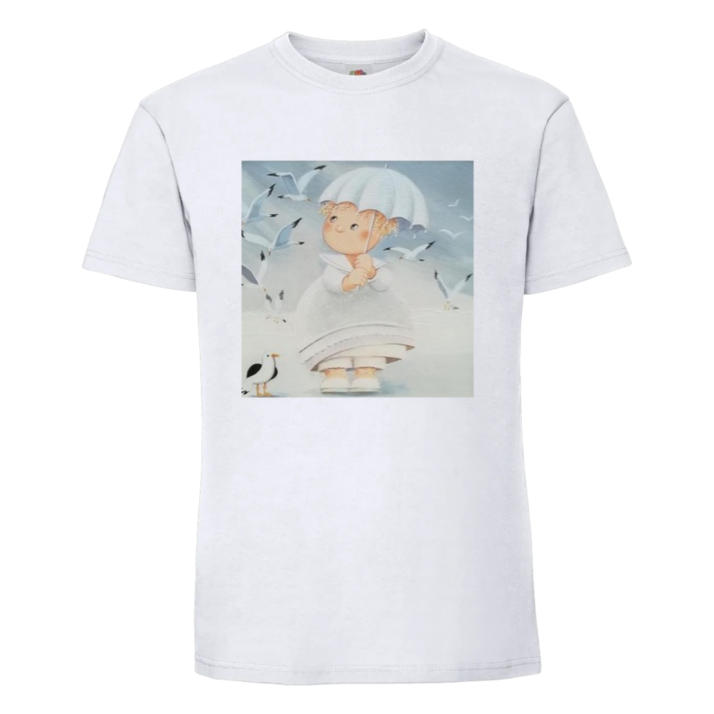 T-shirt Il pleut des mouettes : chapeau vissé sur la tête, il lève les yeux vers les mouettes, sur un t-shirt blanc