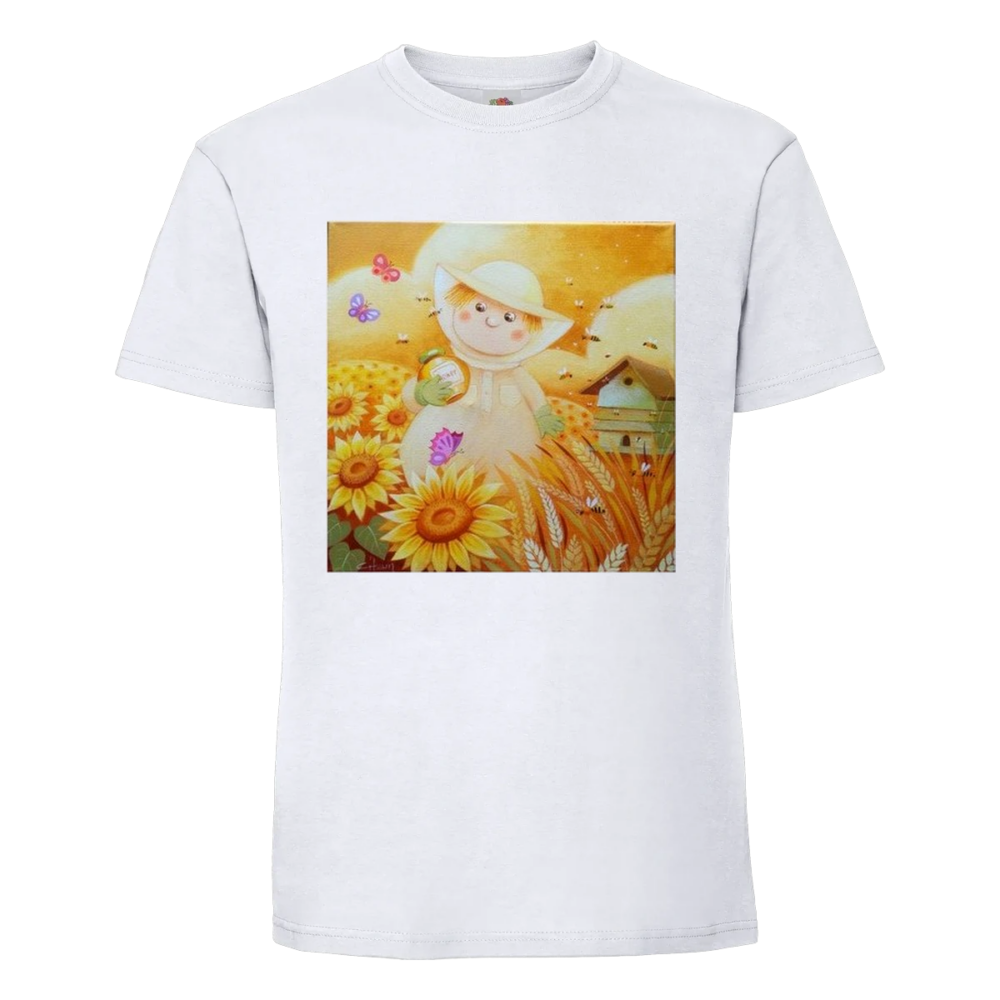 T-shirt Mister Bee : emmailloté de blanc, il flotte parmi les tournesols, une abeille tout près, sur un t-shirt blanc