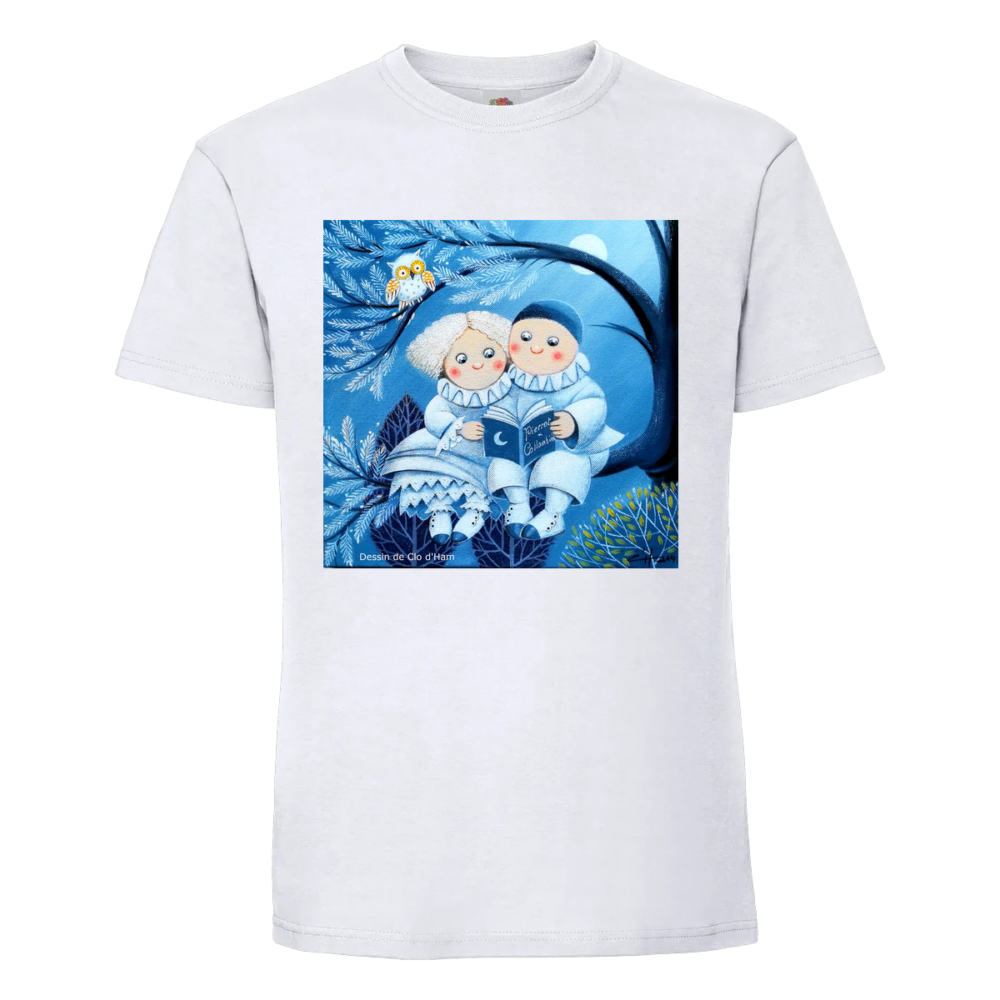 T-shirt Pierrot et Colombine : assis contre un arbre, en costumes blancs à collerette, sur un t-shirt blanc