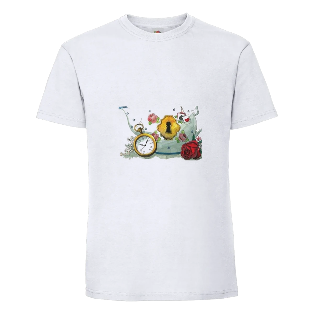 T-shirt Théière Alice : une théière et ses tasses, esquissées à l’aquarelle, avec montre à gousset, sur un t-shirt blanc
