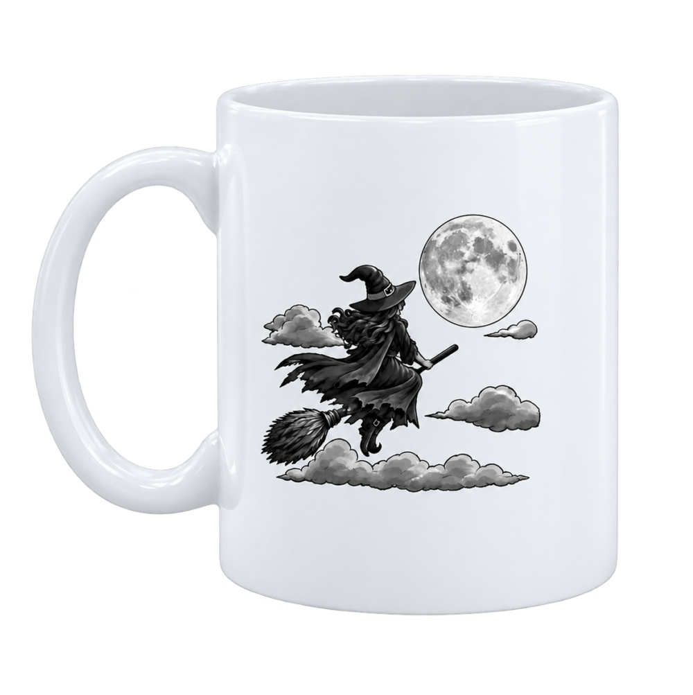 Mug et pot à crayons sorciere et lune halloween noir et blanc, décoré dans notre atelier en Isère