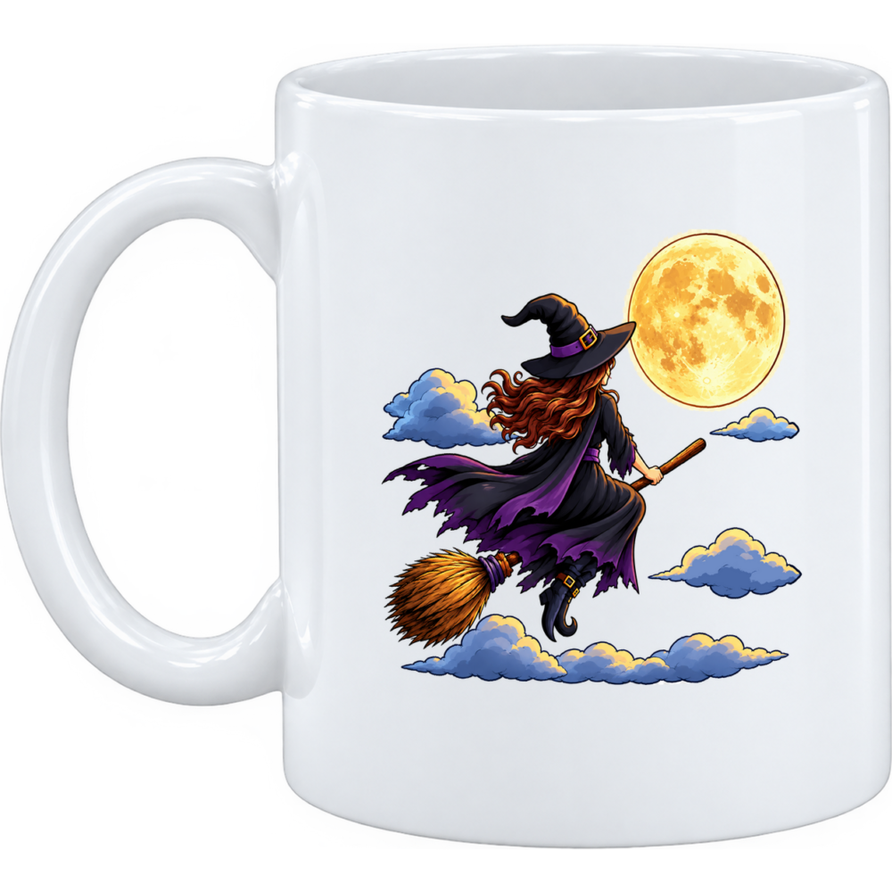 Mug et pot à crayons Sorcière et la lune en couleur, sur un mug en céramique blanche