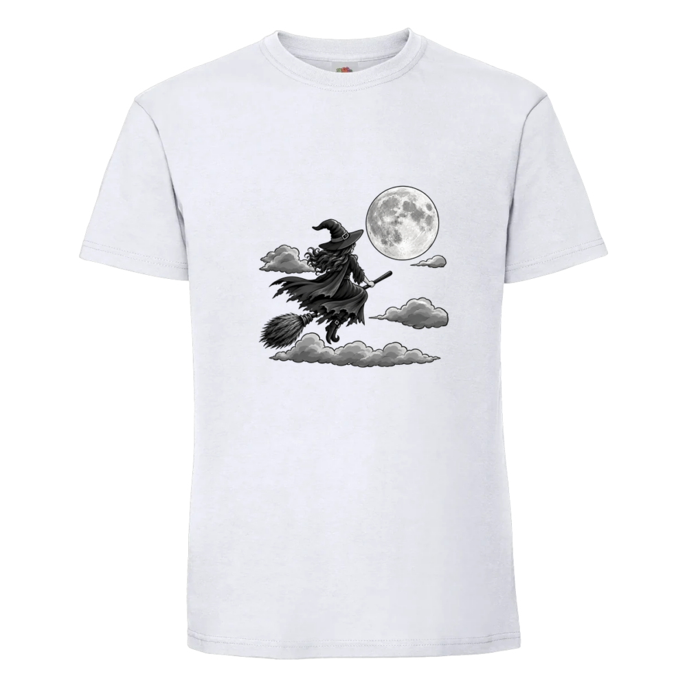 T-shirt Sorcière et la lune noir et blanc sur un t-shirt blanc