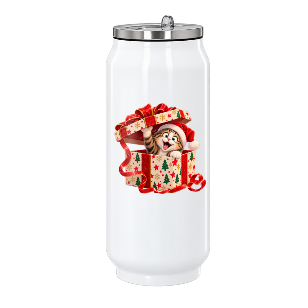 Canette Chat cadeau : un joyeux petit chat tout souriant avec un bonnet de père-noël, sur une canette en inox