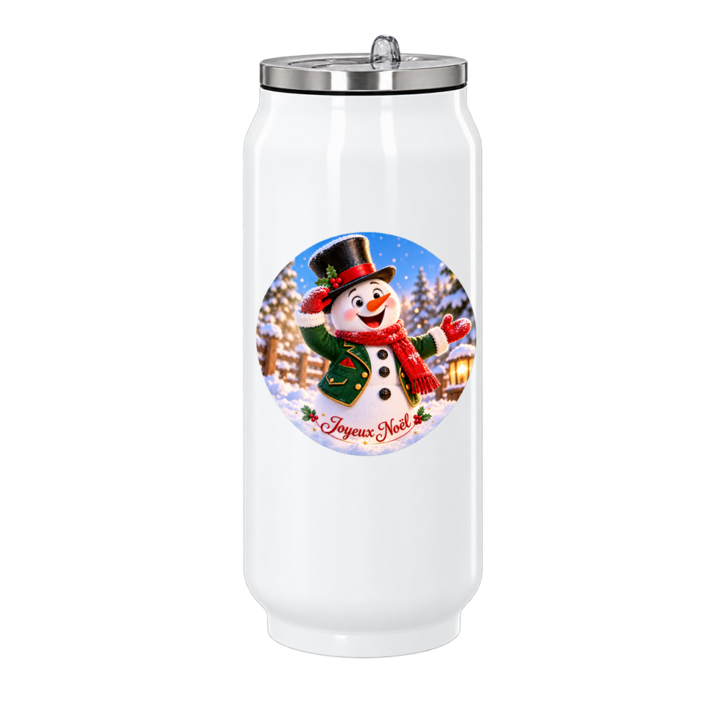 Canette Bonhomme de neige élégant en costume : voilà un beau Bonhomme de neige, sur une canette en inox