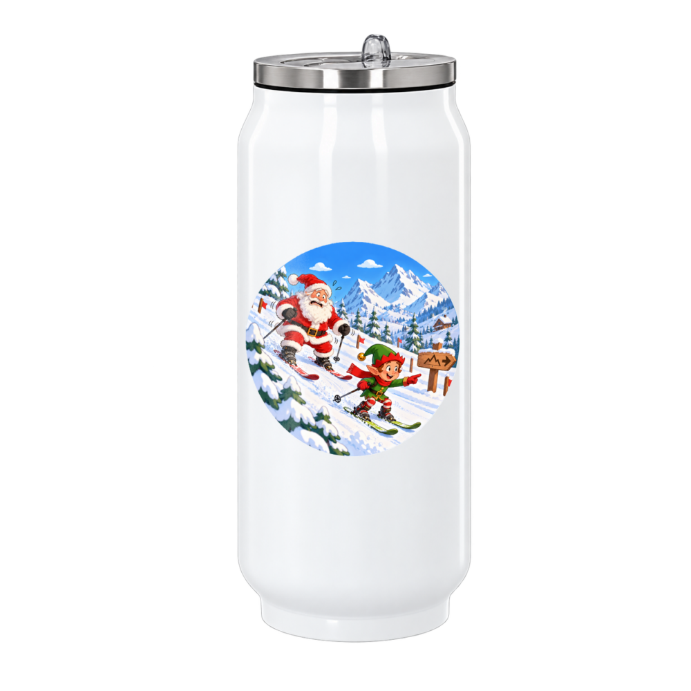 Canette le père noël apprend à skier : le père-noël a décidé d'apprendre à skier, sur une canette en inox