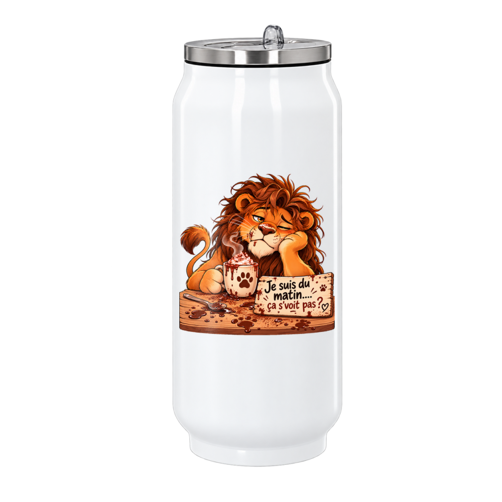 Canette Lion du matin : voilà un lion qui n’est pas du matin, sur une canette en inox
