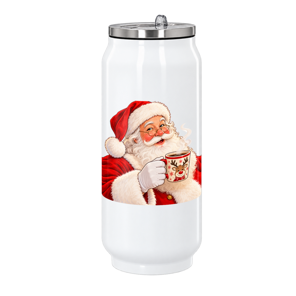 Canette Pause café du Père Noël : le Père Noël, lunettes dorées sur le nez, nous sourit, sur une canette en inox