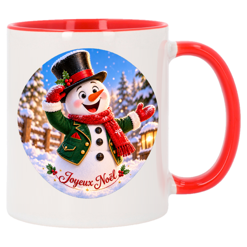 Mug de noël bonhomme de neige élégant en costume, face arrière du mug de Noël rouge
