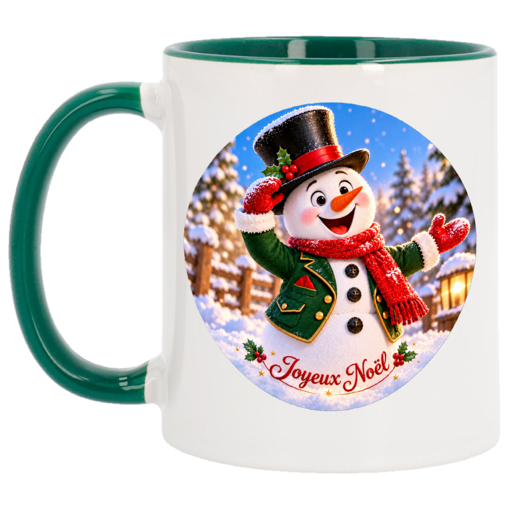 Mug de noël bonhomme de neige élégant en costume, sur un mug de Noël à anse et intérieur verts