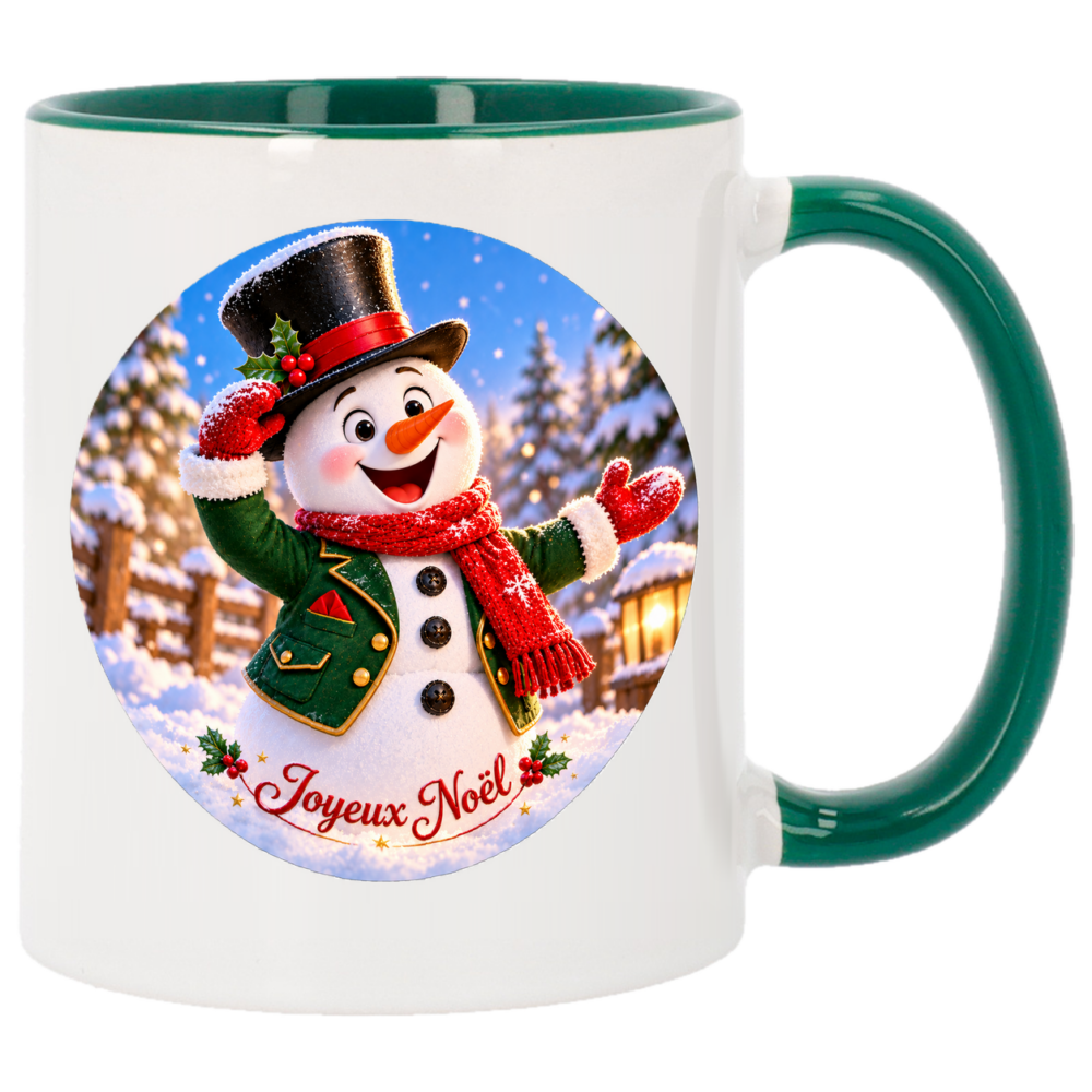 Mug de noël bonhomme de neige élégant en costume, face arrière du mug de Noël vert