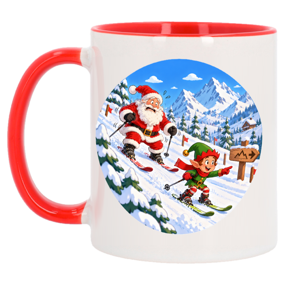 Mug Noël le père noël apprend à skier : le père-noël a décidé d'apprendre, sur un mug de Noël à anse et intérieur rouges