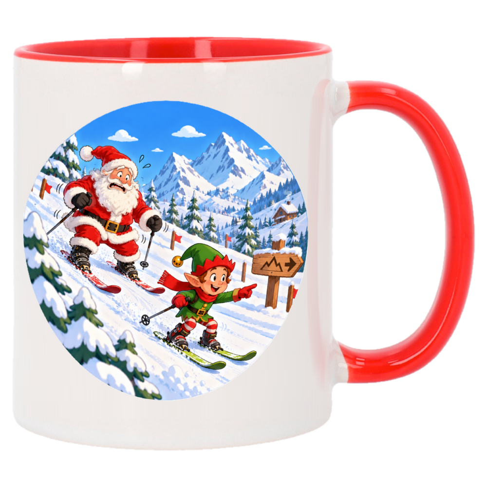 Mug Noël le père noël apprend à skier : le père-noël a décidé d'apprendre à skier, face arrière du mug de Noël rouge