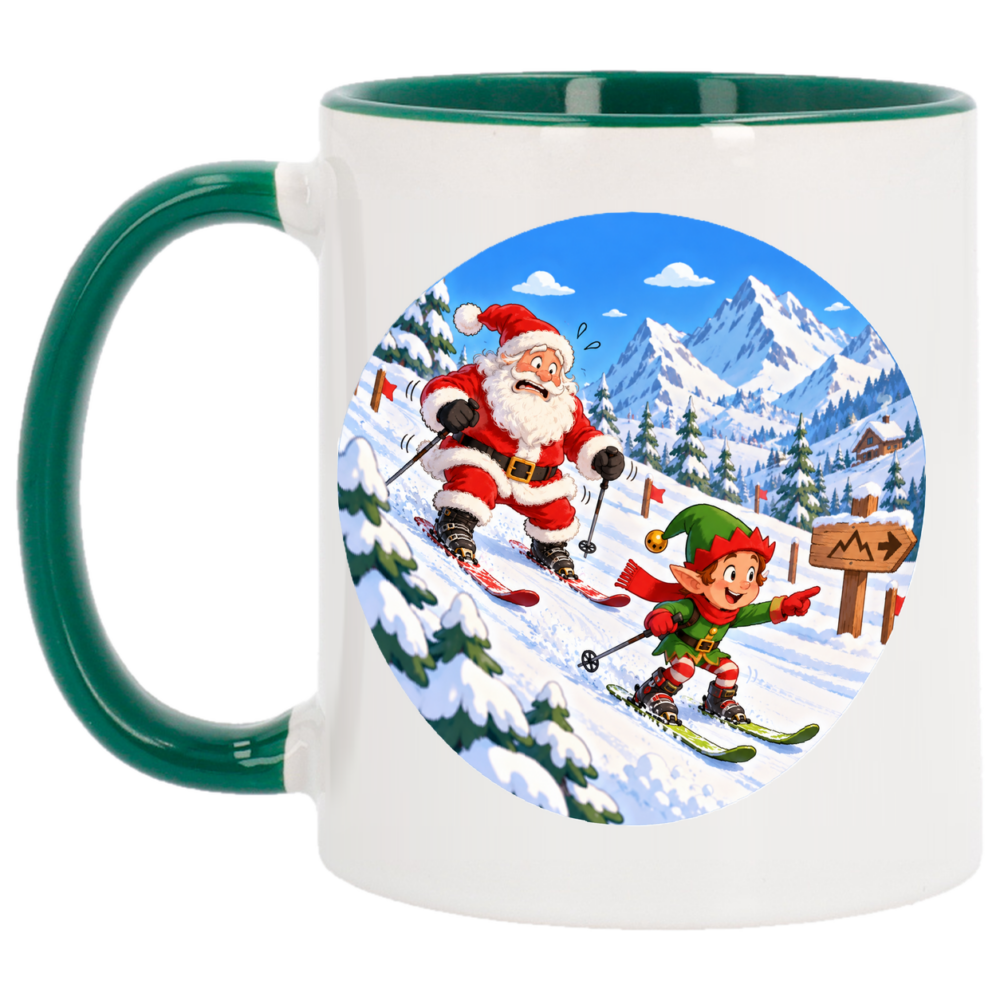 Mug Noël le père noël apprend à skier : le père-noël a décidé d'apprendre, sur un mug de Noël à anse et intérieur verts